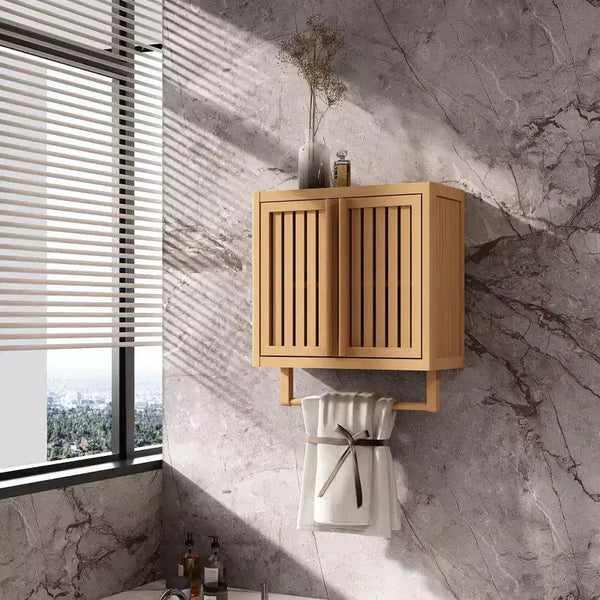 Mobile bagno a parete in bambù con ripiano e vano contenitore