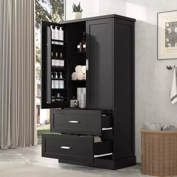 Mobile alto da bagno Amelia in legno moderno con cassetti, vano chiuso a doppia anta e vani integrati sull'anta