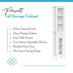 Tall Bathroom Storage Linen Cabinet and Organizer with Drawer, Glass Door, and Shelves - White