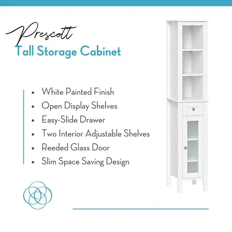 Tall Bathroom Storage Linen Cabinet and Organizer with Drawer, Glass Door, and Shelves - White
