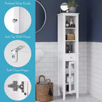 Tall Bathroom Storage Linen Cabinet and Organizer with Drawer, Glass Door, and Shelves - White