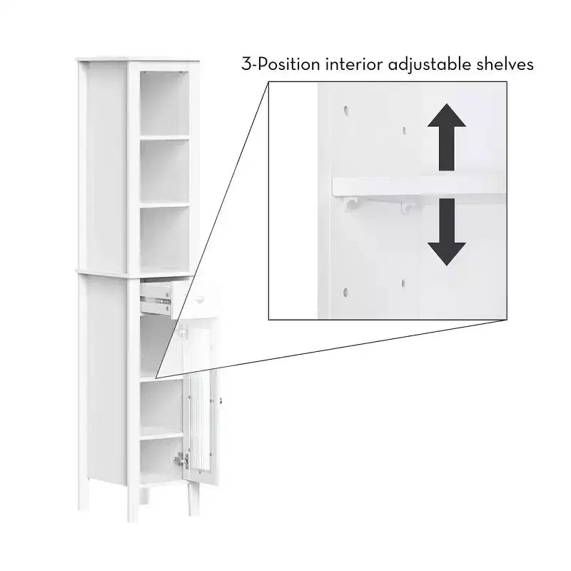 Tall Bathroom Storage Linen Cabinet and Organizer with Drawer, Glass Door, and Shelves - White