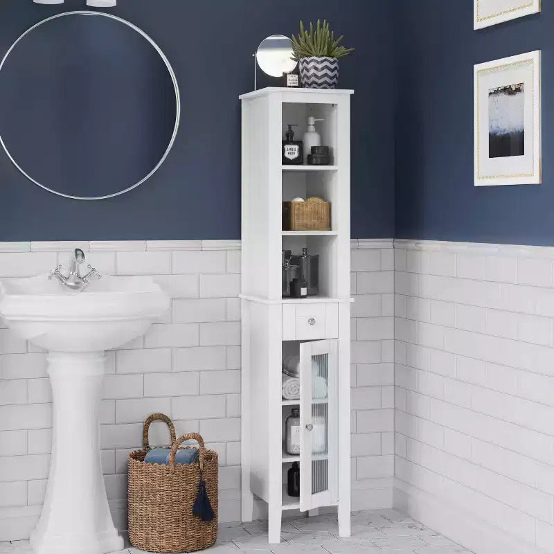 Tall Bathroom Storage Linen Cabinet and Organizer with Drawer, Glass Door, and Shelves - White
