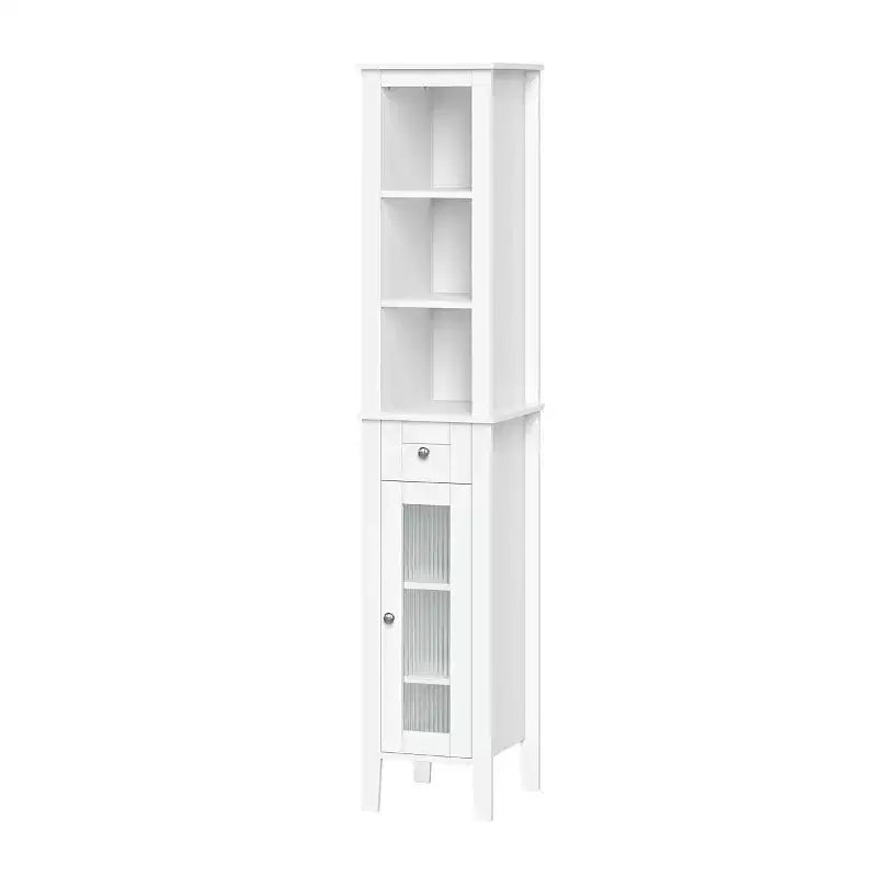 Tall Bathroom Storage Linen Cabinet and Organizer with Drawer, Glass Door, and Shelves - White