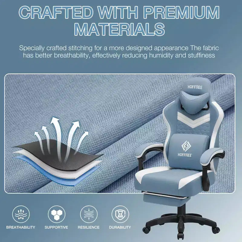 Breathable Fabric Massage Gaming Chair Ergonomic Office PC Chair with Footrest & Adjustable