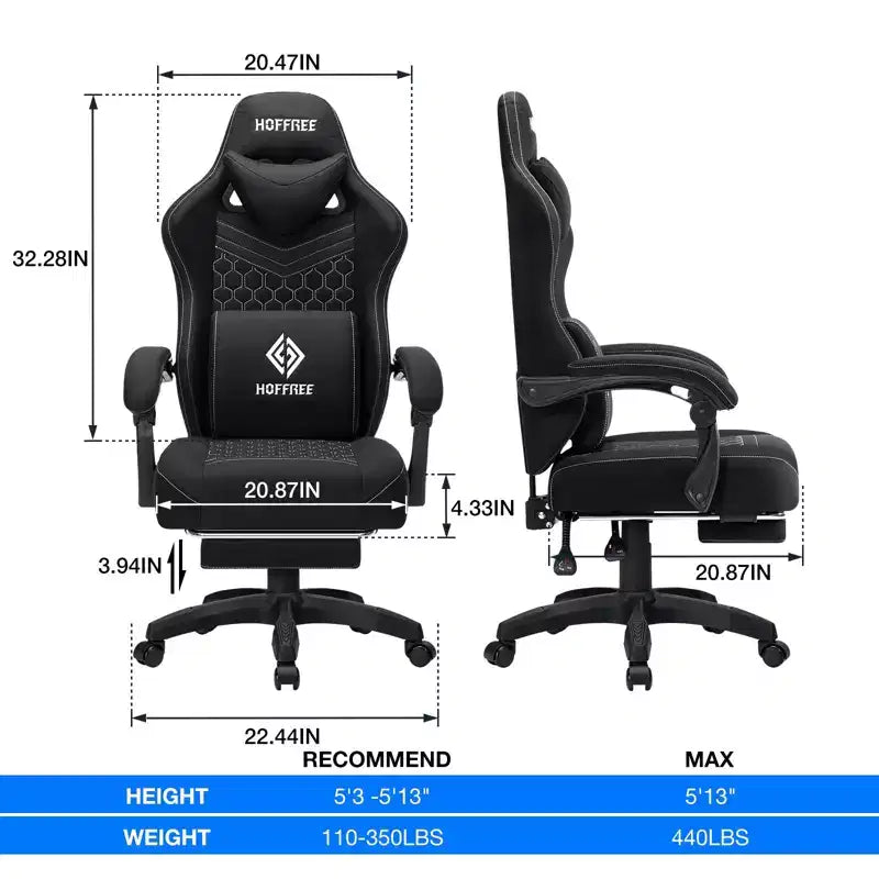 Breathable Fabric Massage Gaming Chair Ergonomic Office PC Chair with Footrest & Adjustable
