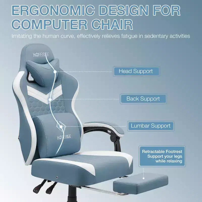 Breathable Fabric Massage Gaming Chair Ergonomic Office PC Chair with Footrest & Adjustable