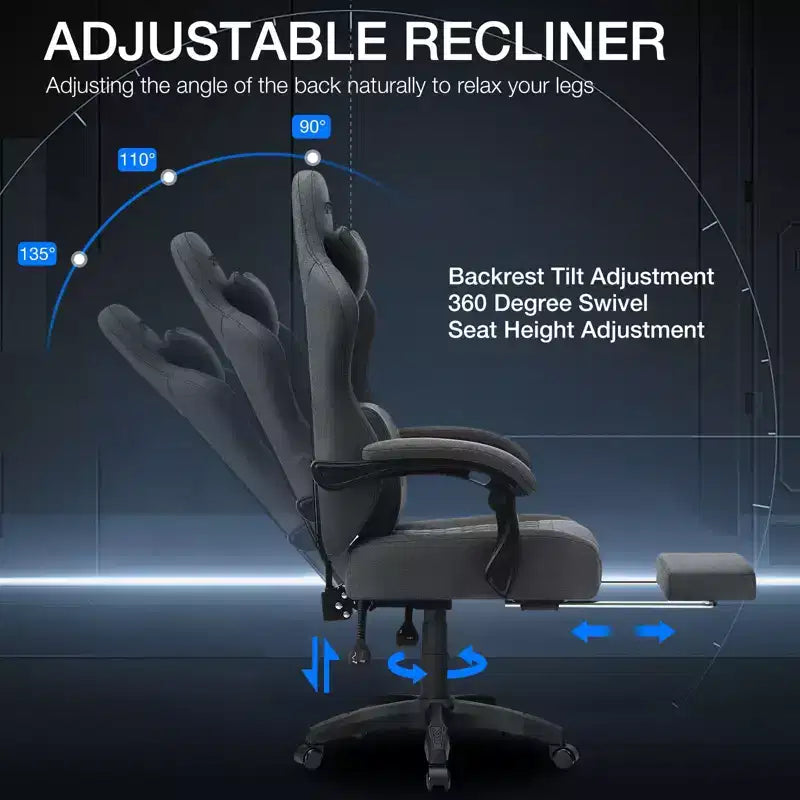 Breathable Fabric Massage Gaming Chair Ergonomic Office PC Chair with Footrest & Adjustable