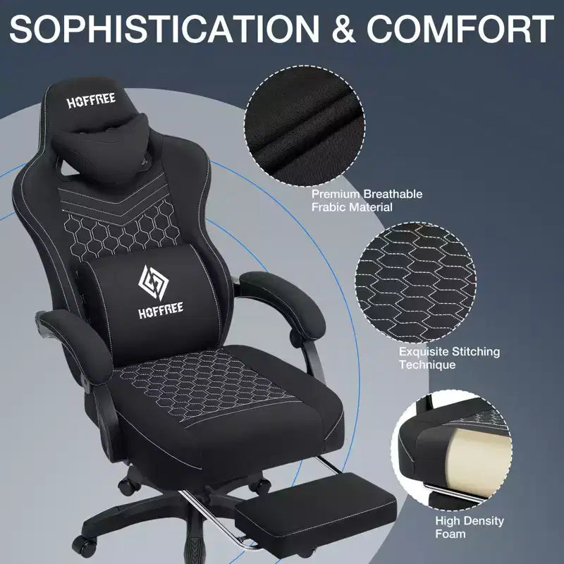 Breathable Fabric Massage Gaming Chair Ergonomic Office PC Chair with Footrest & Adjustable