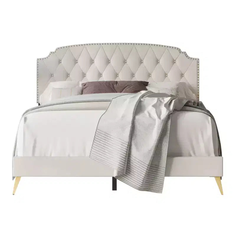 Velvet Upholstered Platform Bed with Diamond Tufted Headboard