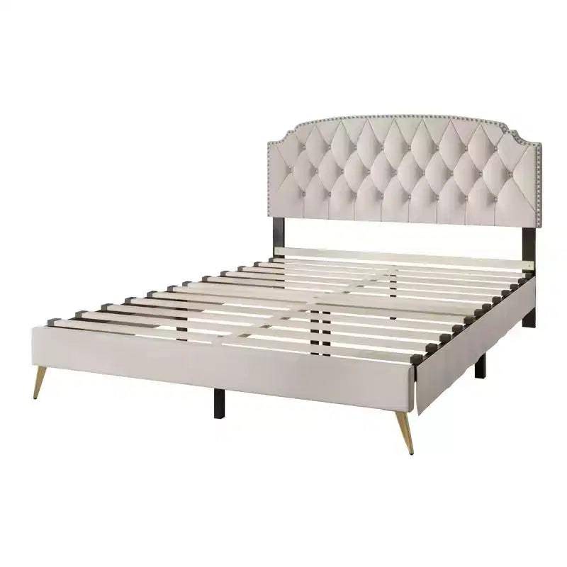 Velvet Upholstered Platform Bed with Diamond Tufted Headboard