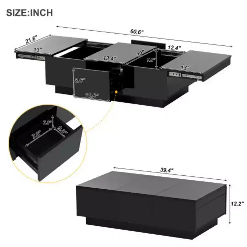 High-gloss Center Table with Sliding Top for Living Room, 39.3x21.6, Black