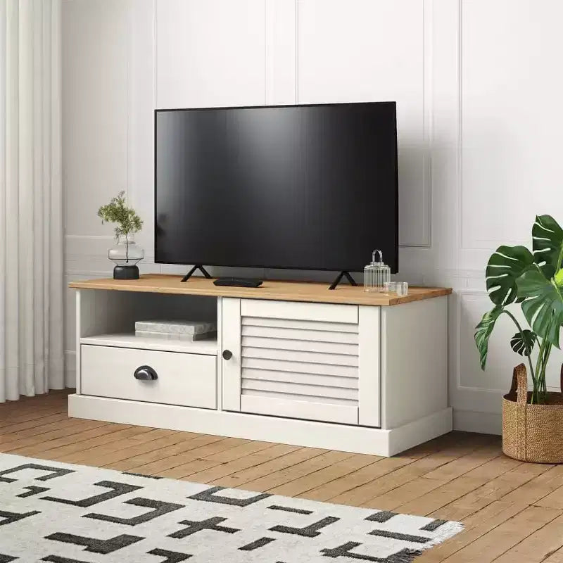 White Solid Wood Pine TV Stand Entertainment Center - 41.7x15.7x15.7 with Drawer, Open Shelf & Cabinet, Easy Clean