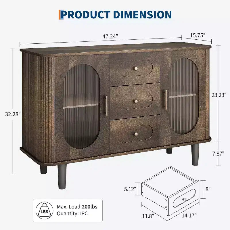 Credenza a buffet da 47" con ante in vetro scanalato e 3 cassetti, madia moderna con ripiani regolabili per cucina, sala da pranzo