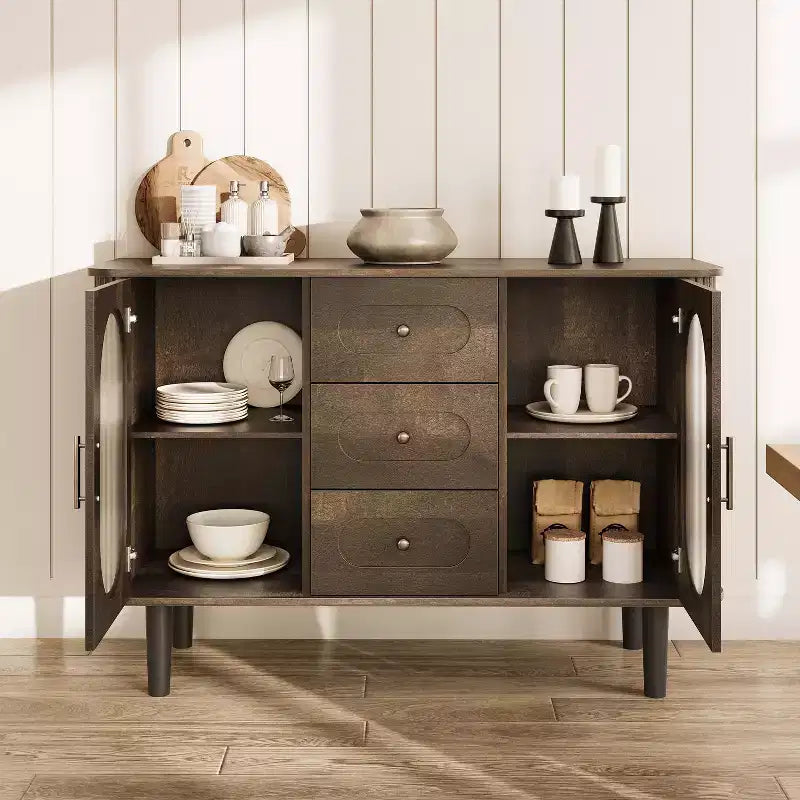 Credenza a buffet da 47" con ante in vetro scanalato e 3 cassetti, madia moderna con ripiani regolabili per cucina, sala da pranzo