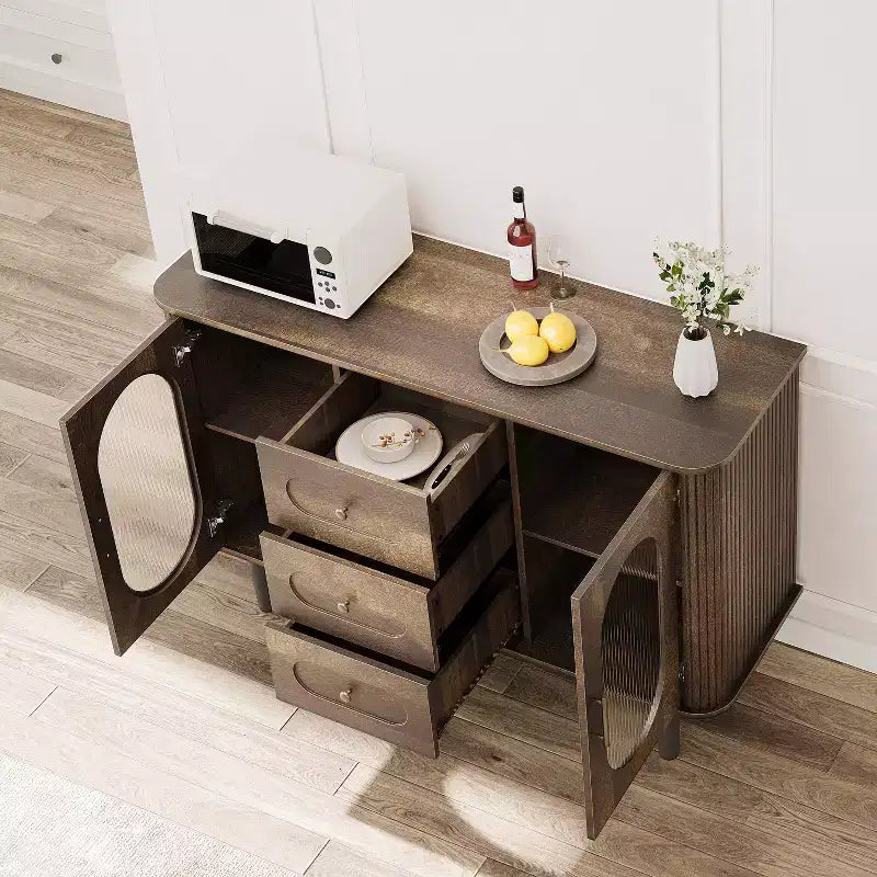 Credenza a buffet da 47" con ante in vetro scanalato e 3 cassetti, madia moderna con ripiani regolabili per cucina, sala da pranzo
