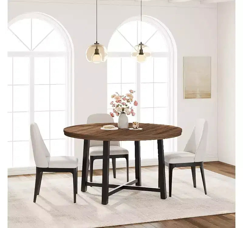Tavolo da pranzo rotondo da 120 cm, tavolo da pranzo industriale da 4 a 6 posti, tavolo da cucina in legno con robusta struttura in metallo, tavolo da cucina circolare per la casa, senza sedie
