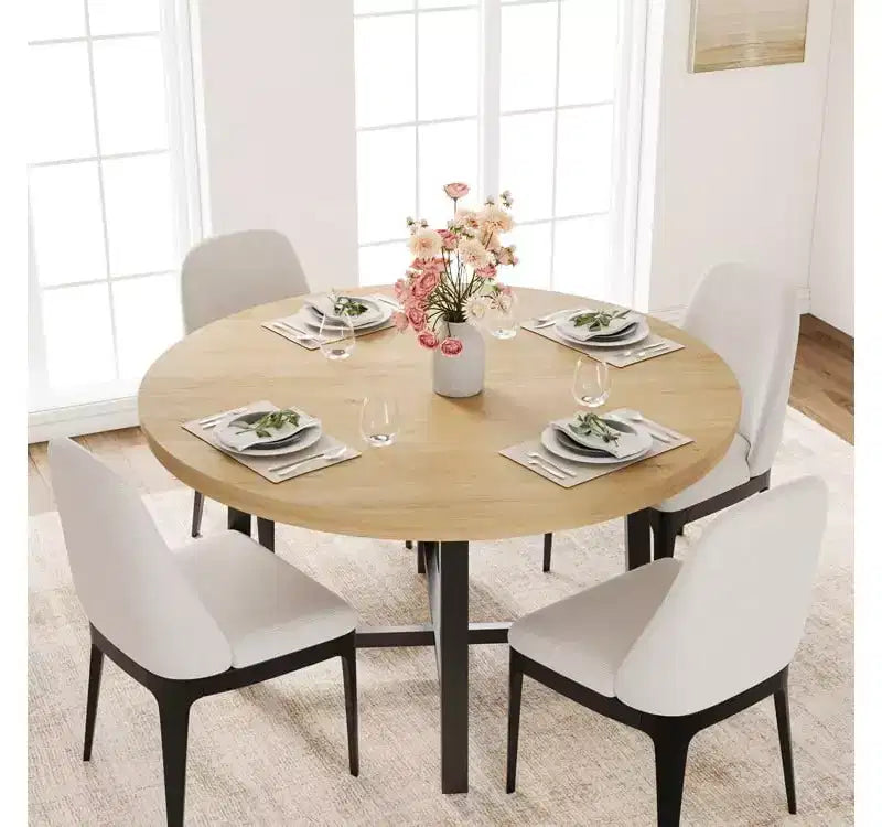 Tavolo da pranzo rotondo da 120 cm, tavolo da pranzo industriale da 4 a 6 posti, tavolo da cucina in legno con robusta struttura in metallo, tavolo da cucina circolare per la casa, senza sedie
