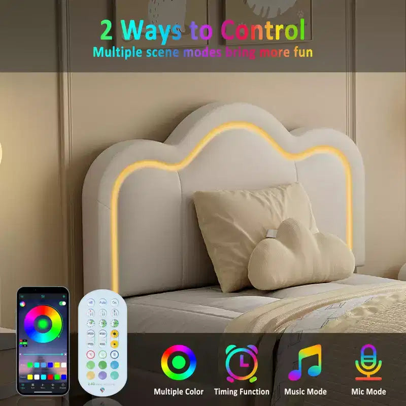Telaio Letto Imbottito Singolo con Luci LED Intelligenti e Testiera a Orsetto Regolabile, Letto a Piattaforma in Velluto