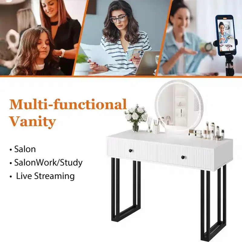 Toeletta con Specchio e Luci, Trucco Vanity con 2 Cassetti, Organizzatore Vanity Moderno con 3 Luci a Colori