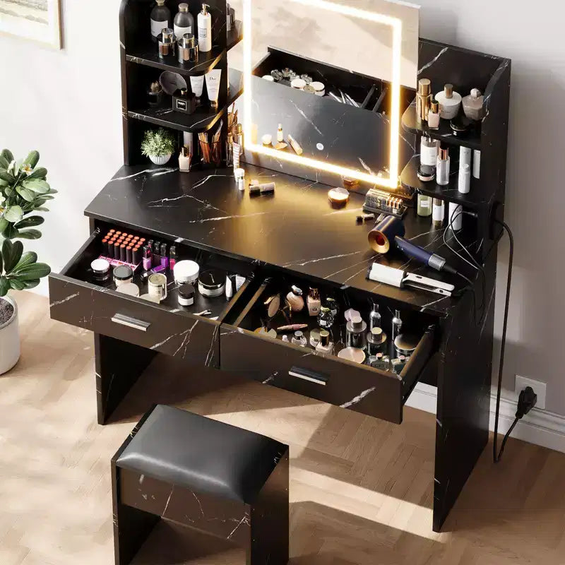 Set Toeletta Trucco, Tavolo da Trucco con 3 Modalità Colore e Sgabello Imbottito, 2 Cassetti, Ripiani Aperti, Moderna Toeletta per Camera da Letto