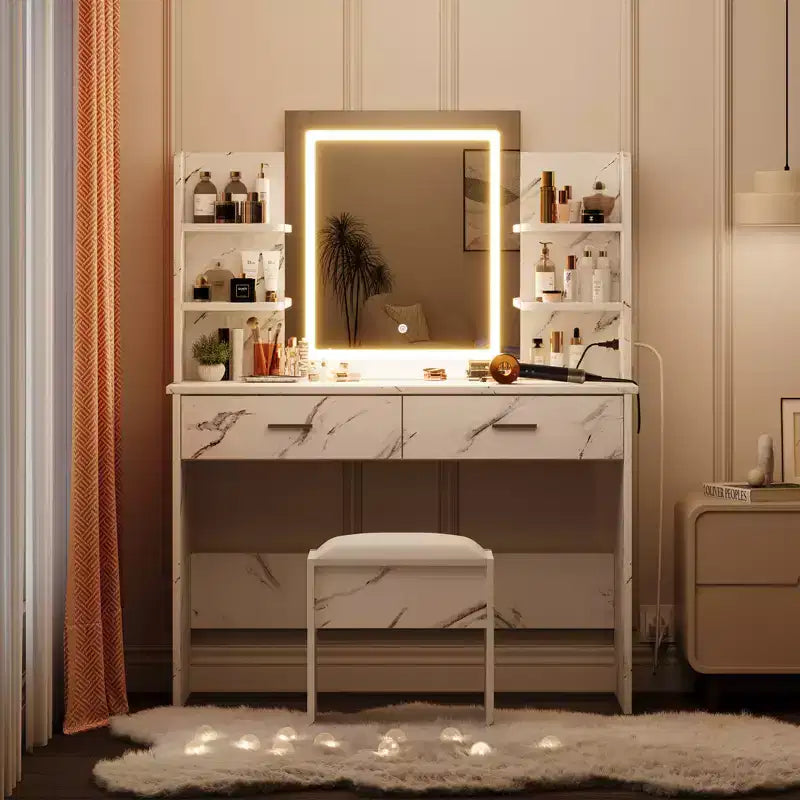 Set Toeletta Trucco, Tavolo da Trucco con 3 Modalità Colore e Sgabello Imbottito, 2 Cassetti, Ripiani Aperti, Moderna Toeletta per Camera da Letto
