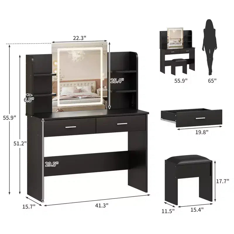 Set Toeletta Trucco, Tavolo da Trucco con 3 Modalità Colore e Sgabello Imbottito, 2 Cassetti, Ripiani Aperti, Moderna Toeletta per Camera da Letto