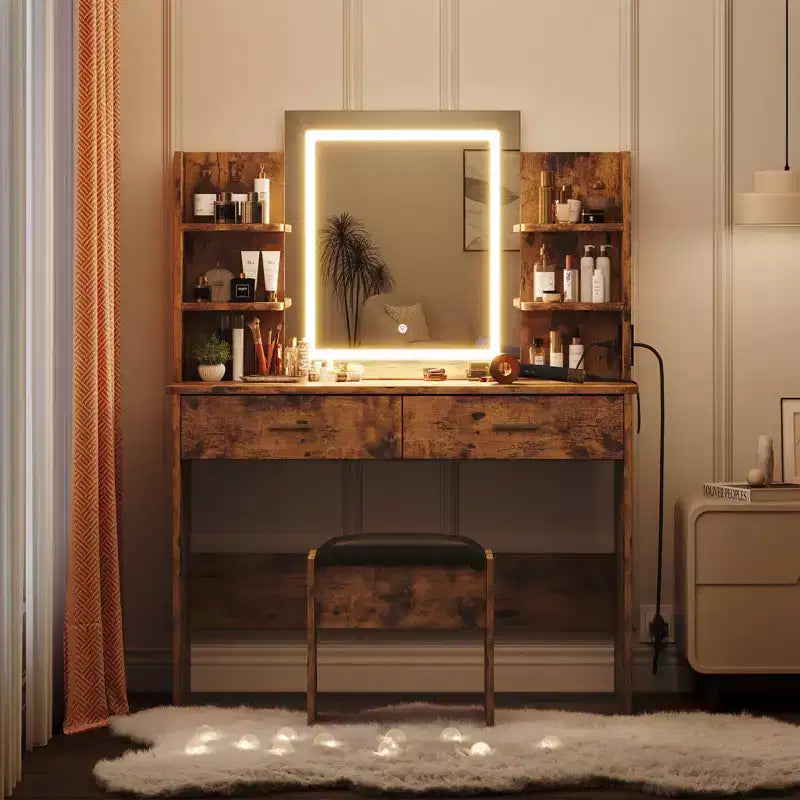 Set Toeletta Trucco, Tavolo da Trucco con 3 Modalità Colore e Sgabello Imbottito, 2 Cassetti, Ripiani Aperti, Moderna Toeletta per Camera da Letto