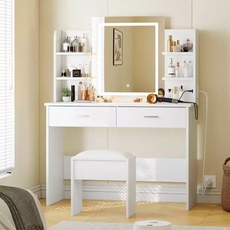Set Toeletta Trucco, Tavolo da Trucco con 3 Modalità Colore e Sgabello Imbottito, 2 Cassetti, Ripiani Aperti, Moderna Toeletta per Camera da Letto