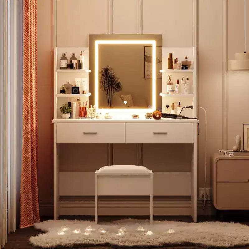 Set Toeletta Trucco, Tavolo da Trucco con 3 Modalità Colore e Sgabello Imbottito, 2 Cassetti, Ripiani Aperti, Moderna Toeletta per Camera da Letto