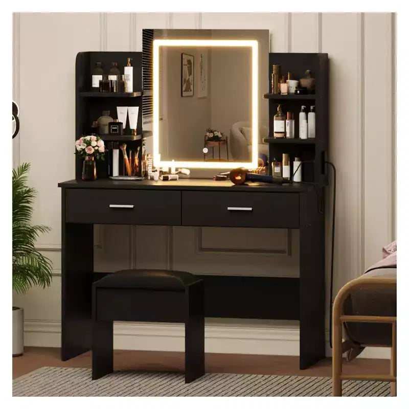 Set Toeletta Trucco, Tavolo da Trucco con 3 Modalità Colore e Sgabello Imbottito, 2 Cassetti, Ripiani Aperti, Moderna Toeletta per Camera da Letto