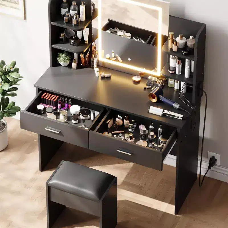 Set Toeletta Trucco, Tavolo da Trucco con 3 Modalità Colore e Sgabello Imbottito, 2 Cassetti, Ripiani Aperti, Moderna Toeletta per Camera da Letto