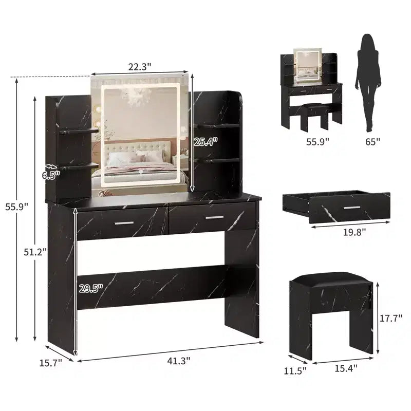 Set Toeletta Trucco, Tavolo da Trucco con 3 Modalità Colore e Sgabello Imbottito, 2 Cassetti, Ripiani Aperti, Moderna Toeletta per Camera da Letto