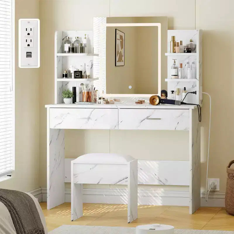 Set Toeletta Trucco, Tavolo da Trucco con 3 Modalità Colore e Sgabello Imbottito, 2 Cassetti, Ripiani Aperti, Moderna Toeletta per Camera da Letto