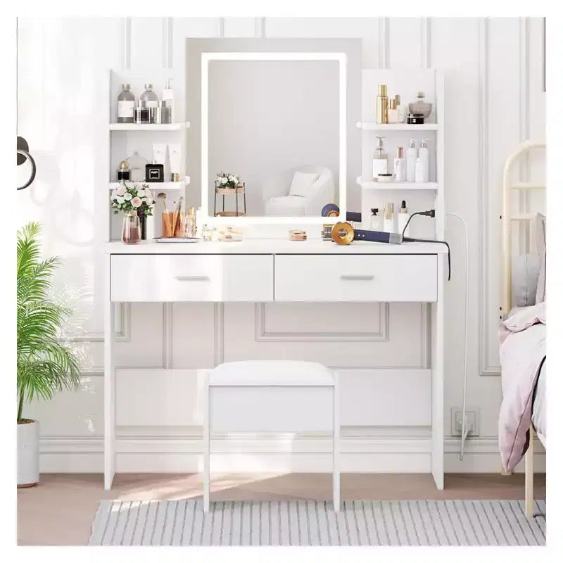 Set Toeletta Trucco, Tavolo da Trucco con 3 Modalità Colore e Sgabello Imbottito, 2 Cassetti, Ripiani Aperti, Moderna Toeletta per Camera da Letto