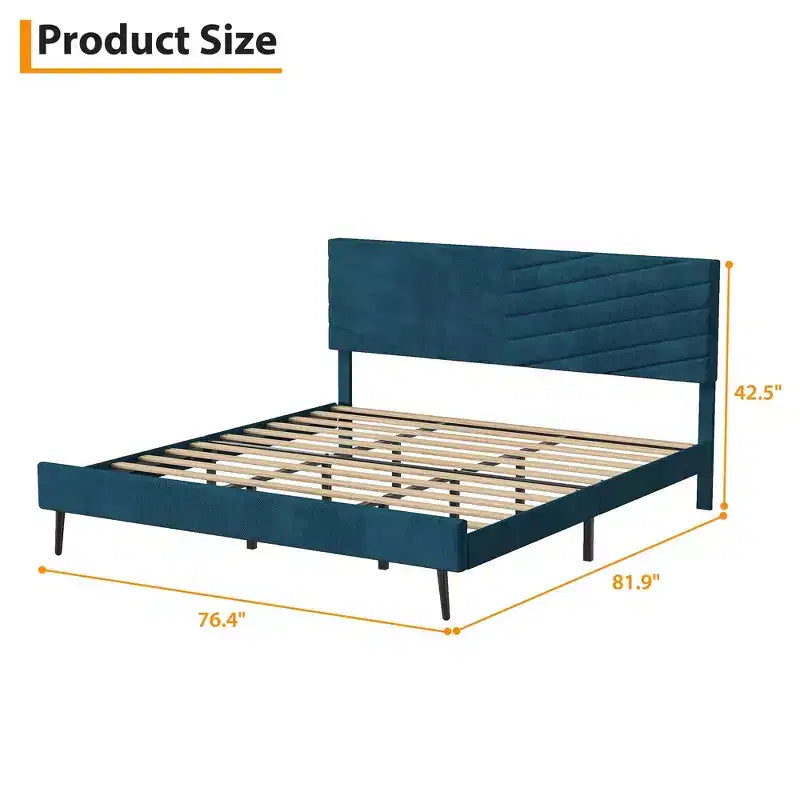 Letto a piattaforma King imbottito in velluto, struttura letto moderna, supporto con doghe in legno, testiera regolabile, non necessita di box spring