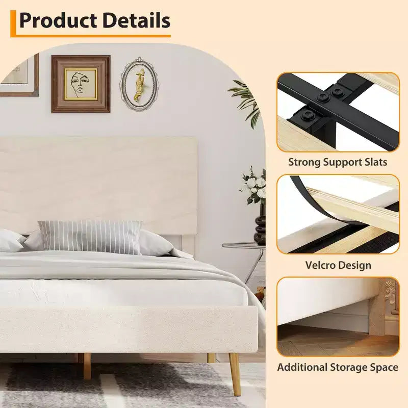 Letto a piattaforma King imbottito in velluto, struttura letto moderna, supporto con doghe in legno, testiera regolabile, non necessita di box spring