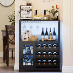 3-Tier Wine Bar Cabinet with Wine Rack and Storage Space, Buffet Cabinet with Glass Holder and Mesh Door, for Kitchen, Living Room and Bar