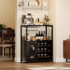 3-Tier Wine Bar Cabinet with Wine Rack and Storage Space, Buffet Cabinet with Glass Holder and Mesh Door, for Kitchen, Living Room and Bar