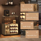 3-Tier Wine Bar Cabinet with Wine Rack and Storage Space, Buffet Cabinet with Glass Holder and Mesh Door, for Kitchen, Living Room and Bar