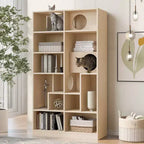 Modern Bookshelf with Cat Litter Box, Display Case with Cat Climbing Shelf, 2 in 1 Bookcase for Living Room, Bedroom, Natural