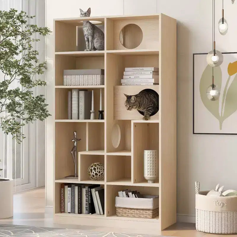 Modern Bookshelf with Cat Litter Box, Display Case with Cat Climbing Shelf, 2 in 1 Bookcase for Living Room, Bedroom, Natural