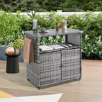Bar Serving Cart Outdoor Wicker Wine and Beverage Counter with Glass Top for Patio , Gray, 35.2*20.6*34.2