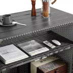 Bar Serving Cart Outdoor Wicker Wine and Beverage Counter with Glass Top for Patio , Gray, 35.2*20.6*34.2