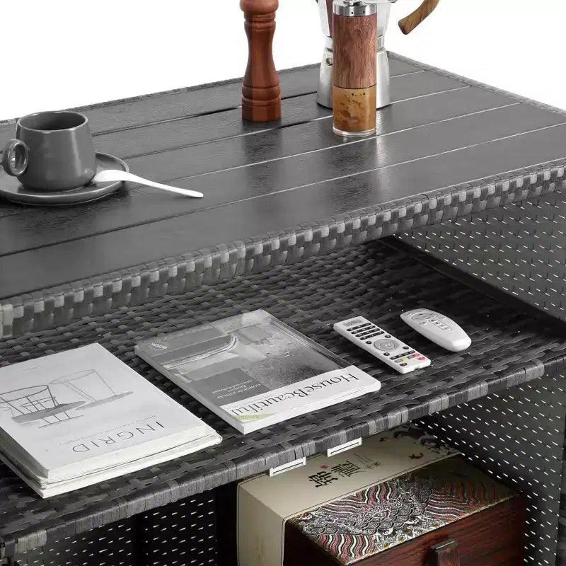 Bar Serving Cart Outdoor Wicker Wine and Beverage Counter with Glass Top for Patio , Gray, 35.2*20.6*34.2