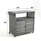 Bar Serving Cart Outdoor Wicker Wine and Beverage Counter with Glass Top for Patio , Gray, 35.2*20.6*34.2
