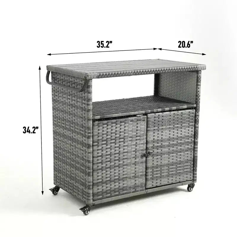 Bar Serving Cart Outdoor Wicker Wine and Beverage Counter with Glass Top for Patio , Gray, 35.2*20.6*34.2