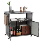 Bar Serving Cart Outdoor Wicker Wine and Beverage Counter with Glass Top for Patio , Gray, 35.2*20.6*34.2