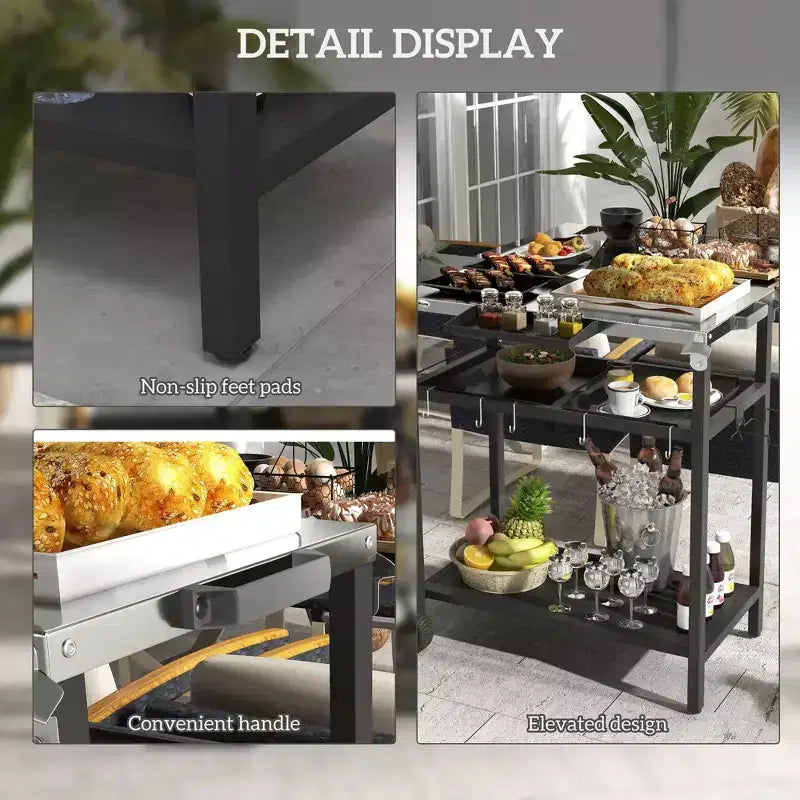 Bar Serving Cart Outdoor Kitchen Island with Stainless Steel Top and Storage for Patio , Black, 48*24.4*33.1