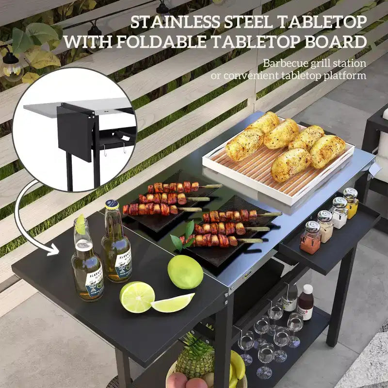 Bar Serving Cart Outdoor Kitchen Island with Stainless Steel Top and Storage for Patio , Black, 48*24.4*33.1